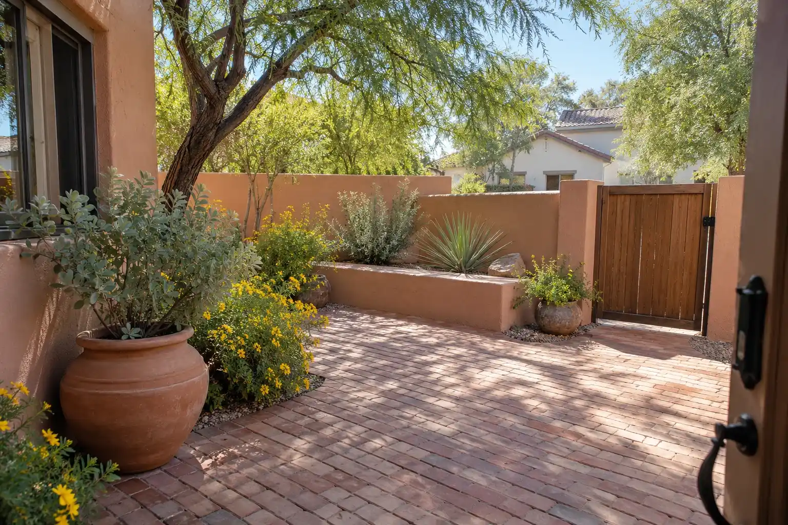 Walled courtyard with a terracotta paver floor, a clay pot, desert shrubs and a wood gate