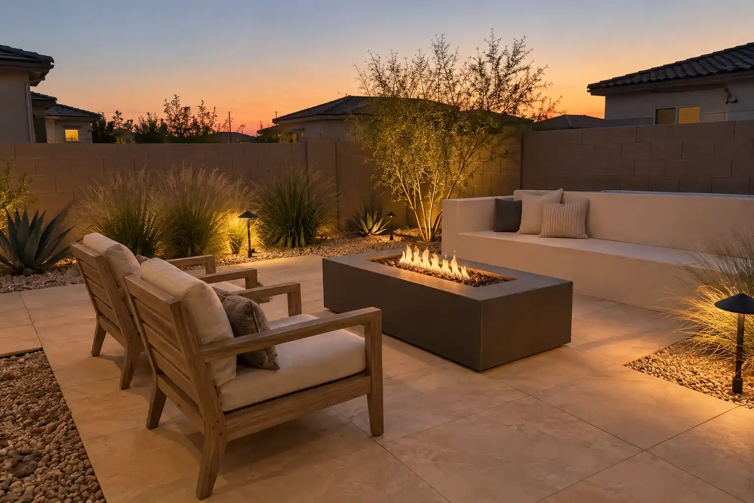 Stone patio at dusk with a rectangular fire table, two lounge chairs and lit desert grasses along the wall