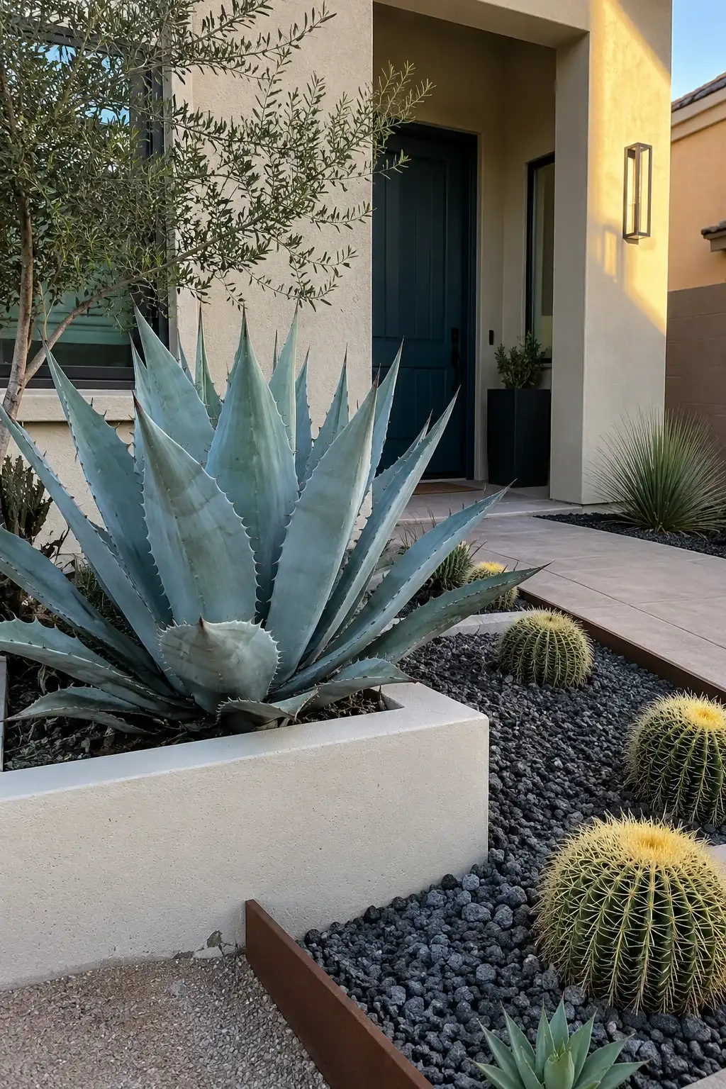 Blue agave in a raised planter beside a front door, with barrel cactus and dark gravel