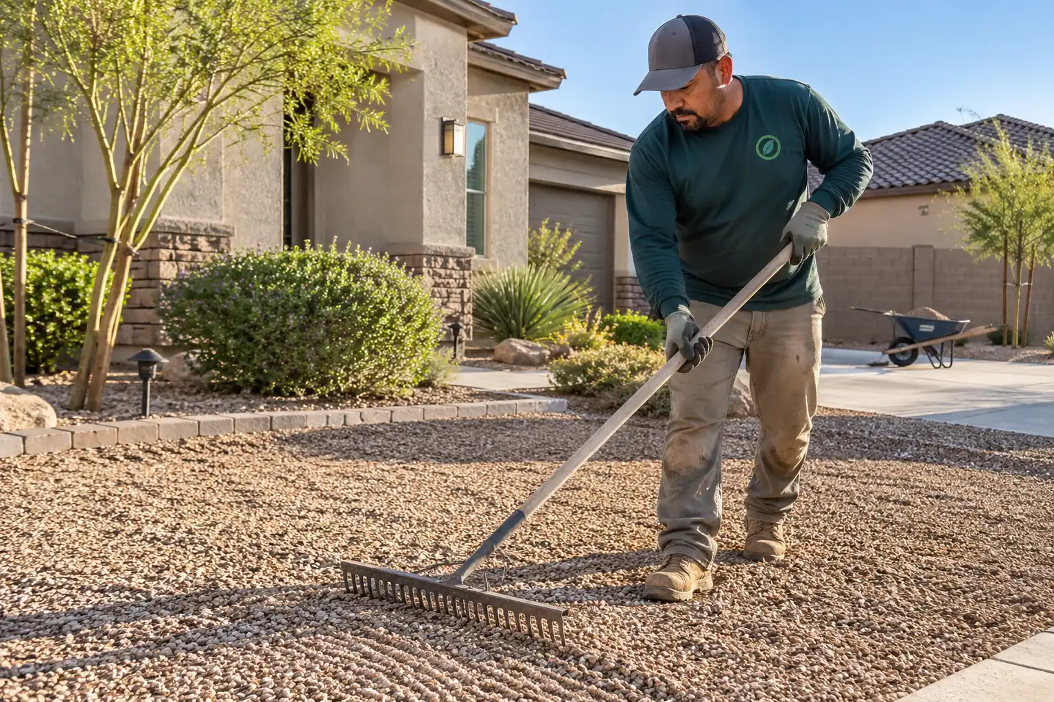Landscaper raking fresh gravel in a front yard at sunrise