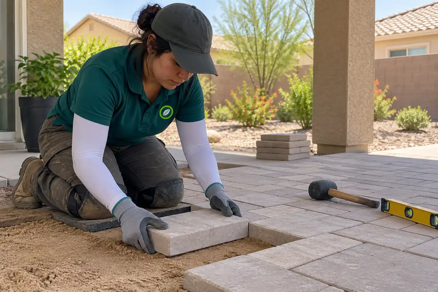 Landscaper kneeling to set a paver on a sand bed, with a rubber mallet and a level beside her