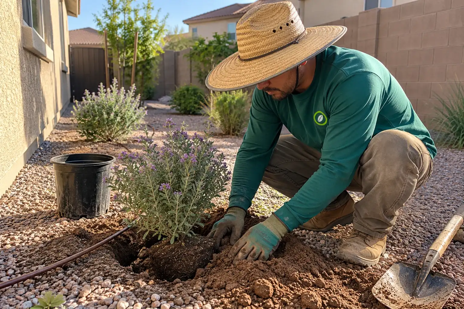 Landscaper in a straw hat lowering a native shrub into a planting hole beside a drip line