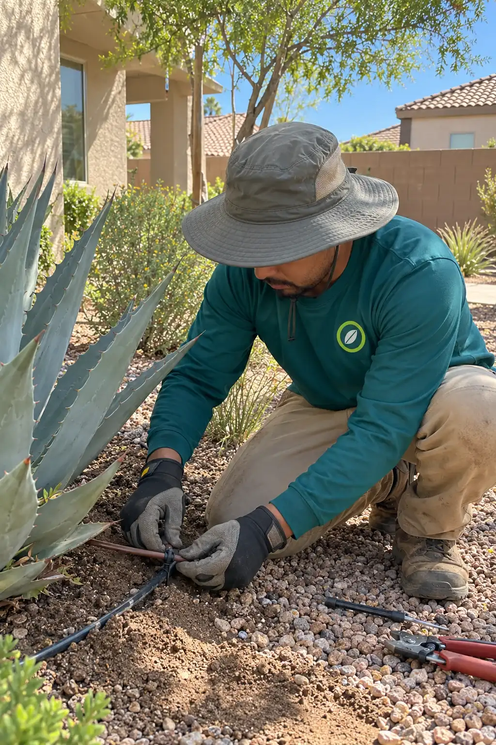 Landscaper crouching beside an agave to fit drip irrigation tubing in a gravel bed