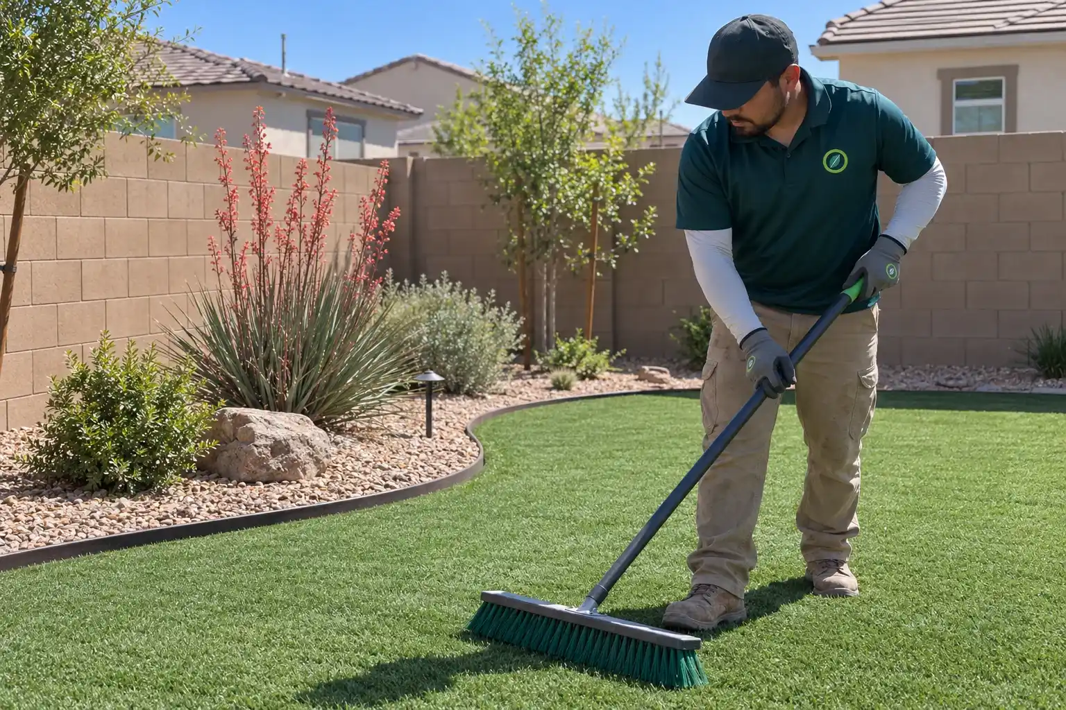 Landscaper brushing a new artificial turf lawn edged by gravel beds and red yucca