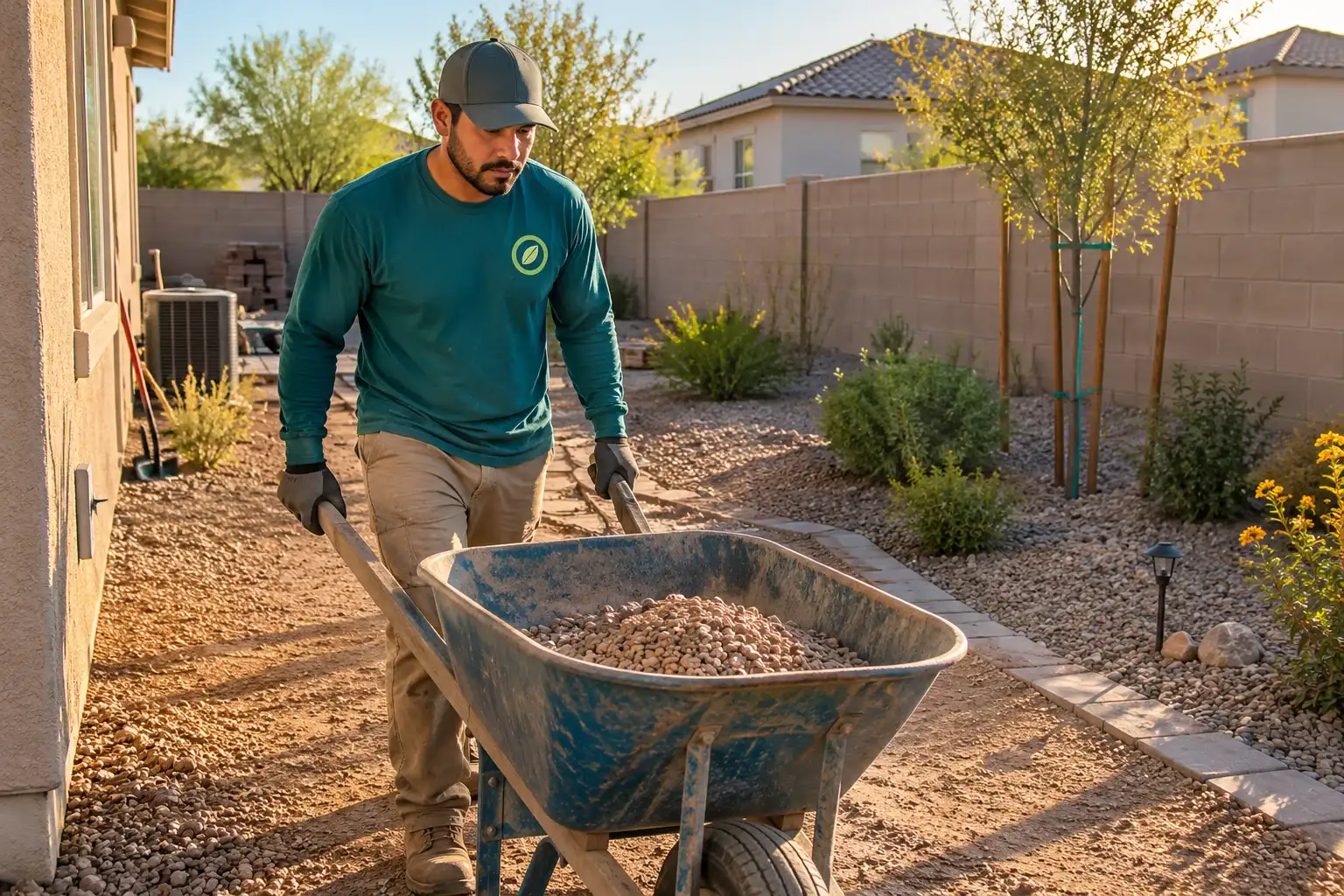 Landscaper pushing a wheelbarrow of gravel along a side yard at golden hour
